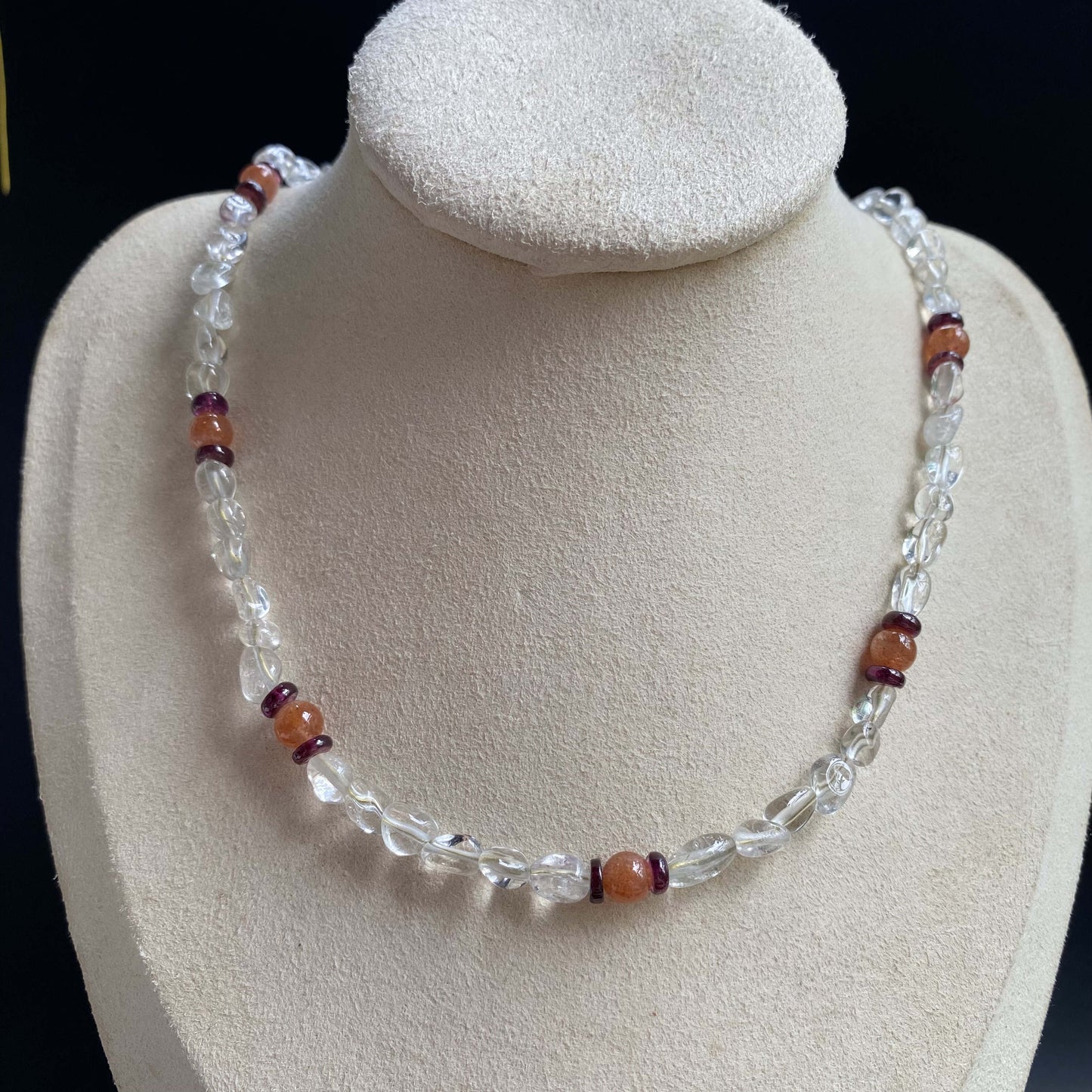 hanle original design necklace and bracelet clear quartz with garnet and sunstone or black spinel