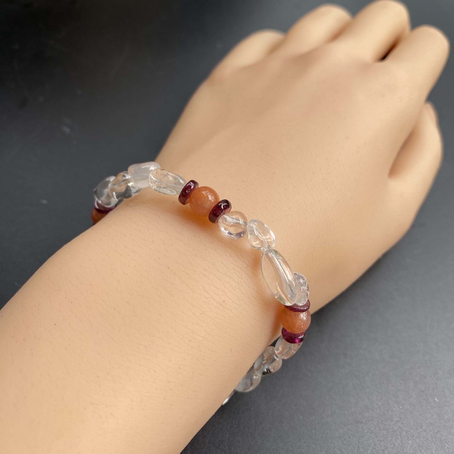 hanle original design necklace and bracelet clear quartz with garnet and sunstone or black spinel