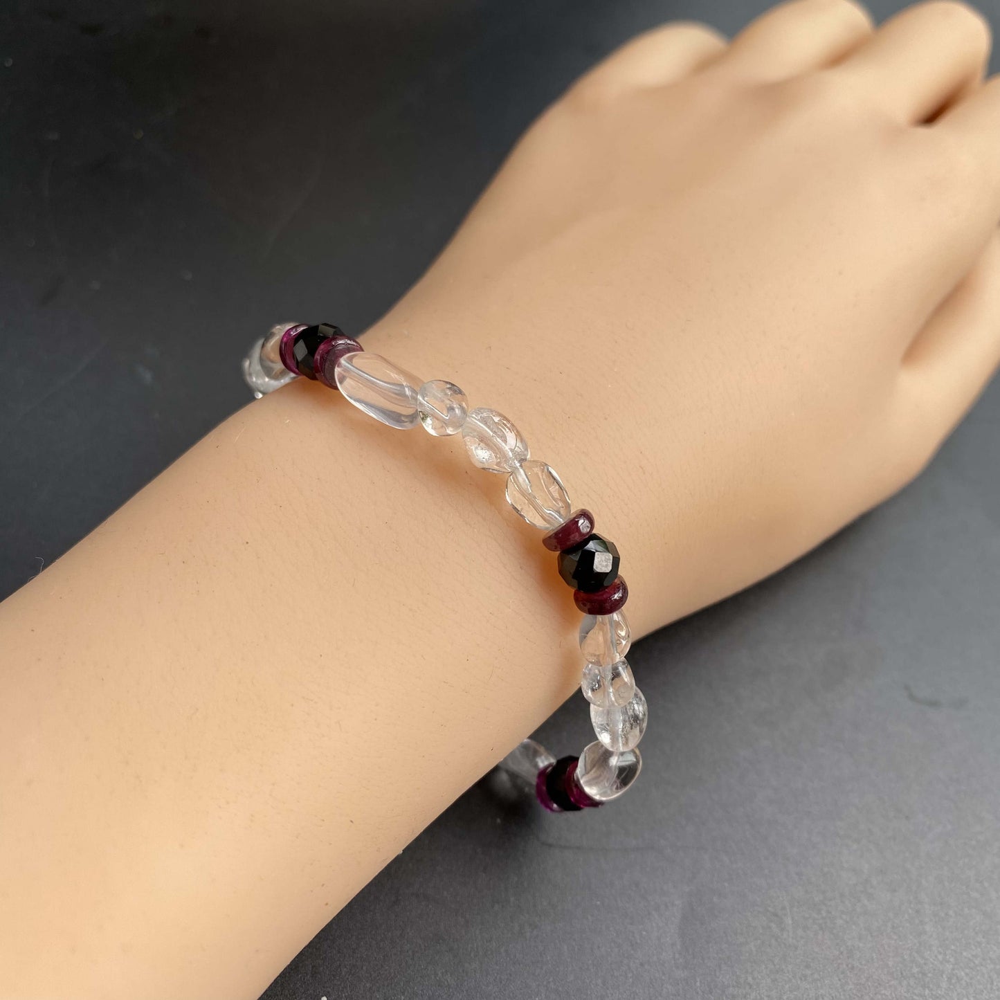 hanle original design necklace and bracelet clear quartz with garnet and sunstone or black spinel