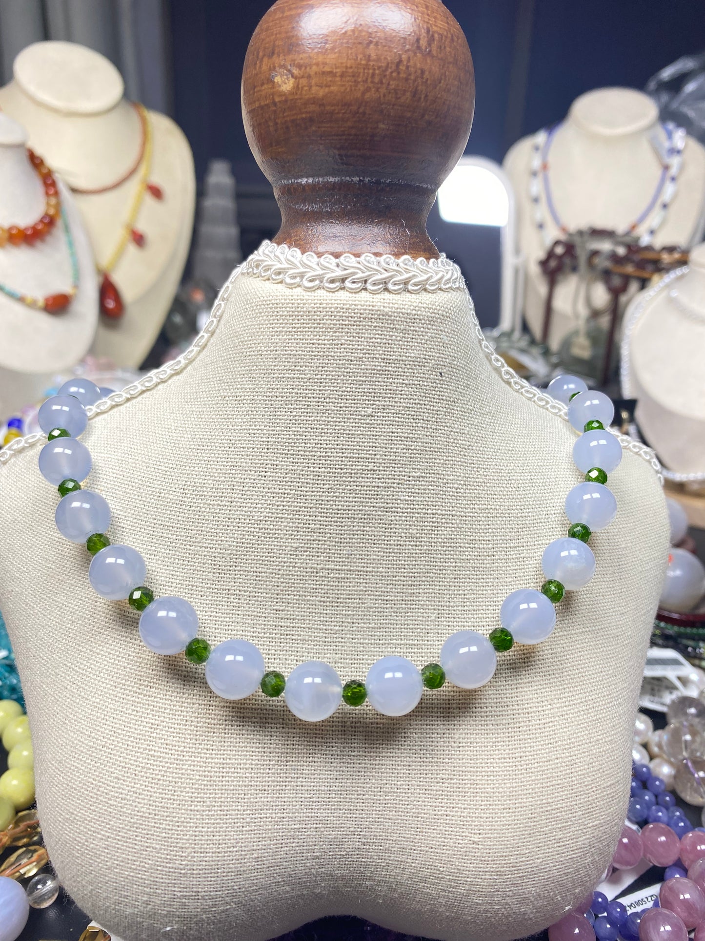 HANLE original design choker necklace and bracelet blue chalcedony & diopside