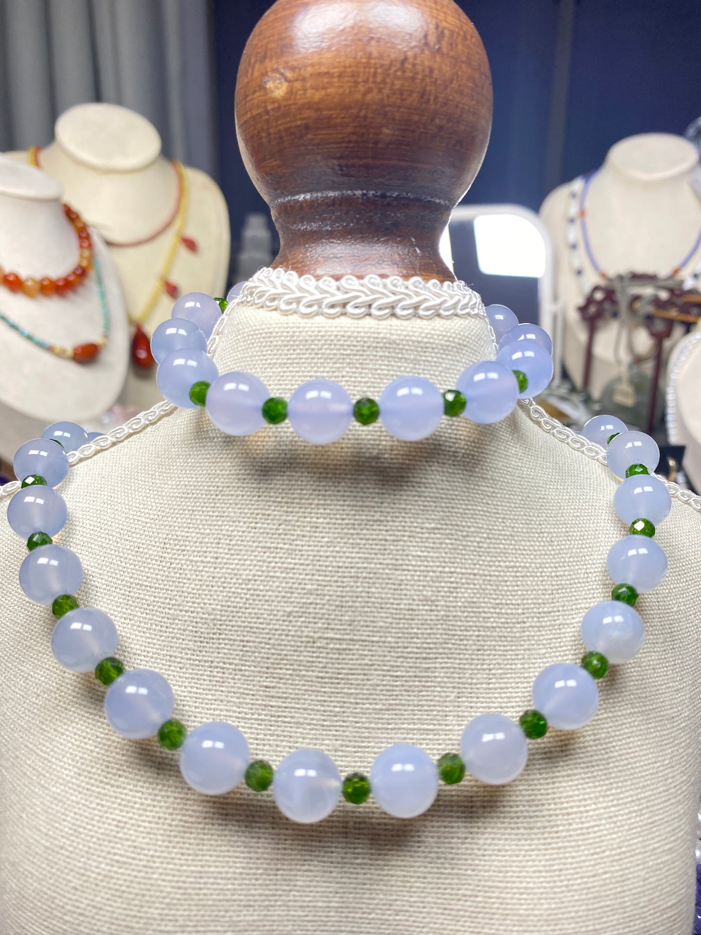 HANLE original design choker necklace and bracelet blue chalcedony & diopside