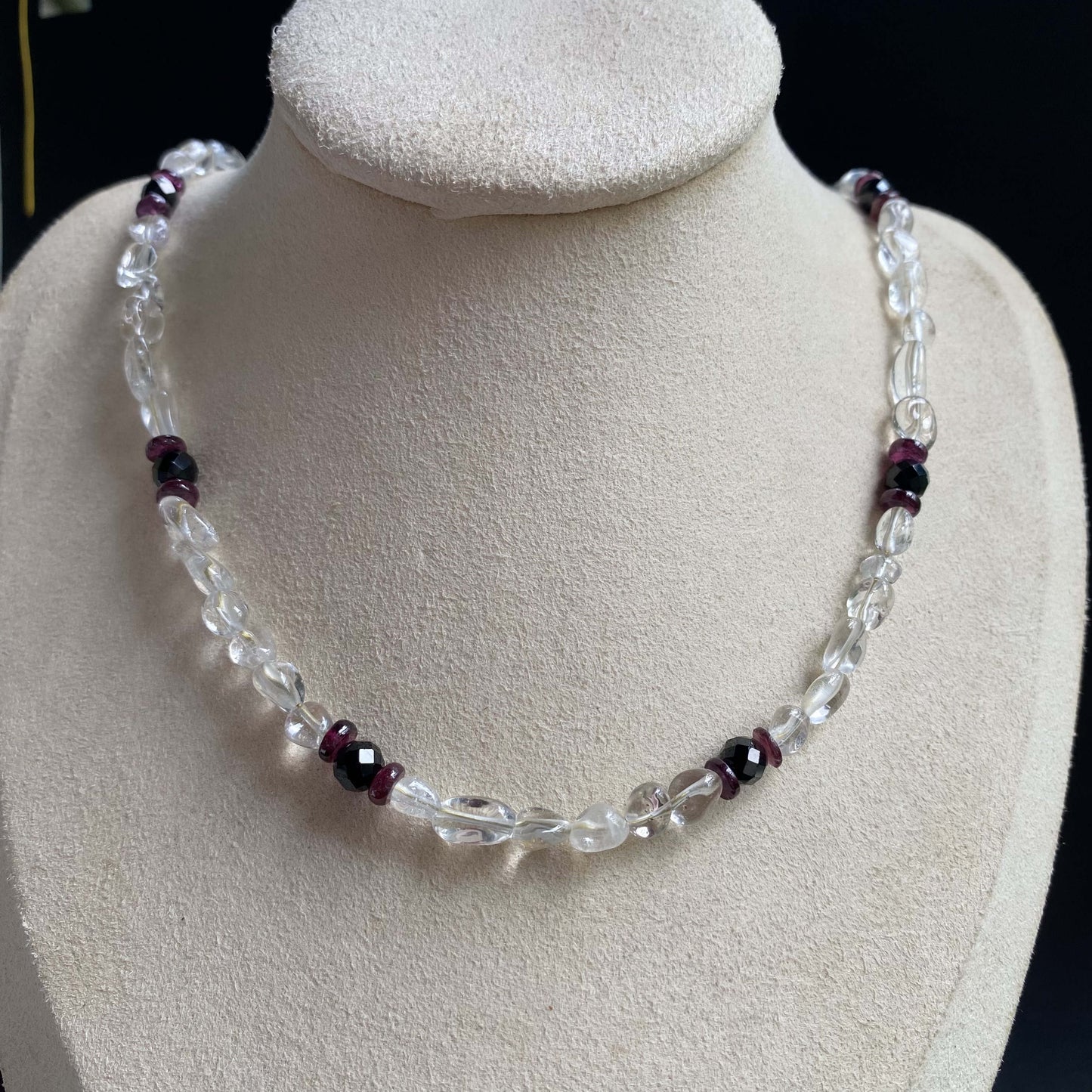 hanle original design necklace and bracelet clear quartz with garnet and sunstone or black spinel