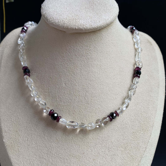 hanle original design necklace and bracelet clear quartz with garnet and sunstone or black spinel